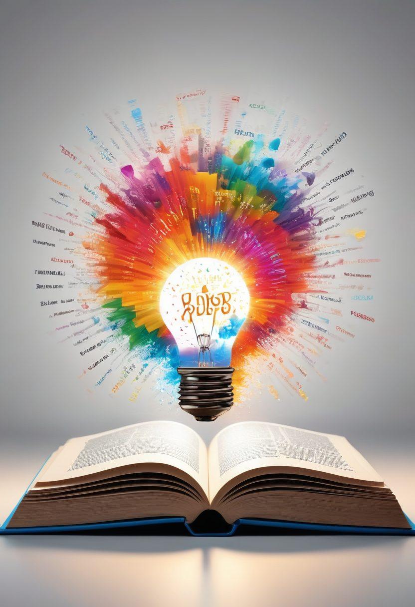A vibrant open book with colorful words flowing out, symbolizing synonyms and antonyms, surrounded by a lightbulb representing ideas and creativity. In the background, subtle letters and grammar symbols blend harmoniously. The scene radiates a sense of inspiration and enlightenment for writers. super-realistic. vibrant colors. white background.