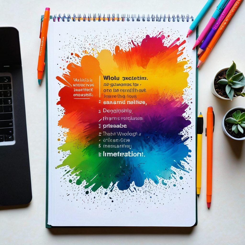 A visually striking workspace featuring an open thesaurus surrounded by colorful synonyms spilling out of the pages, with a pen poised above a notepad filled with powerful phrases. Include soft, warm lighting to suggest creativity and thinking, with inspirational quotes subtly visible in the background. The composition should convey the importance of word choice in communication. vibrant colors. super-realistic.